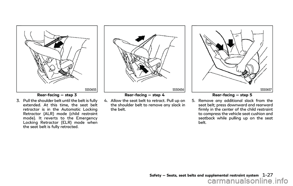 INFINITI Q60 COUPE 2020 Service Manual SSS0655
Rear-facing — step 3
3. Pull the shoulder belt until the belt is fully extended. At this time, the seat belt
retractor is in the Automatic Locking
Retractor (ALR) mode (child restraint
mode)