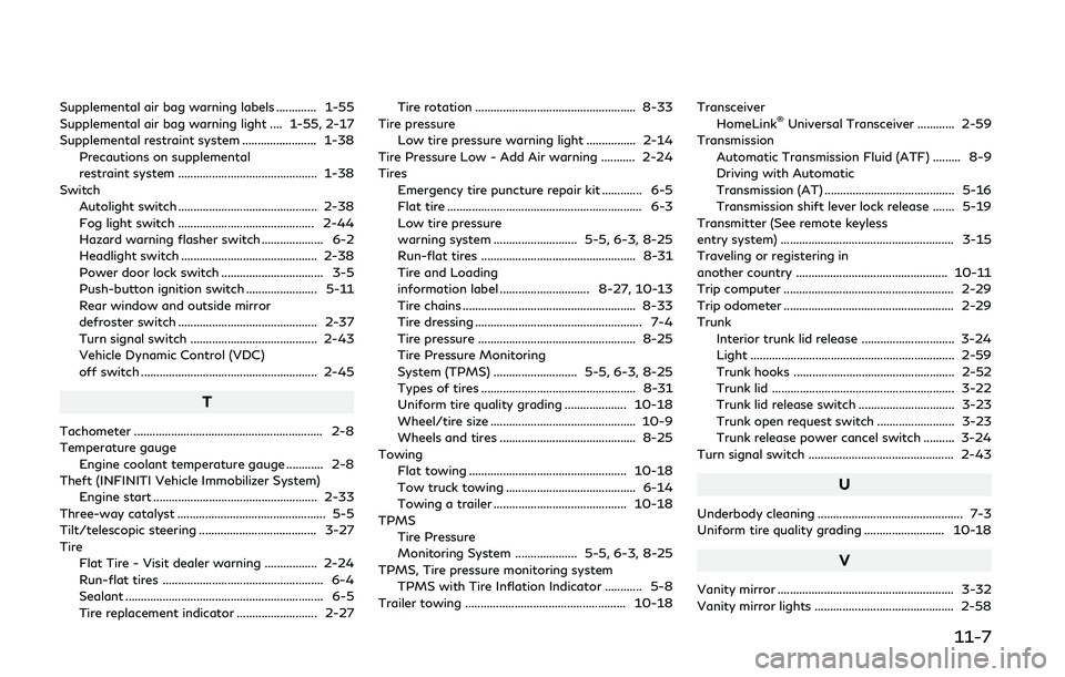 INFINITI Q60 COUPE 2020  Owners Manual Supplemental air bag warning labels ............. 1-55
Supplemental air bag warning light .... 1-55, 2-17
Supplemental restraint system ........................ 1-38Precautions on supplemental
restrai