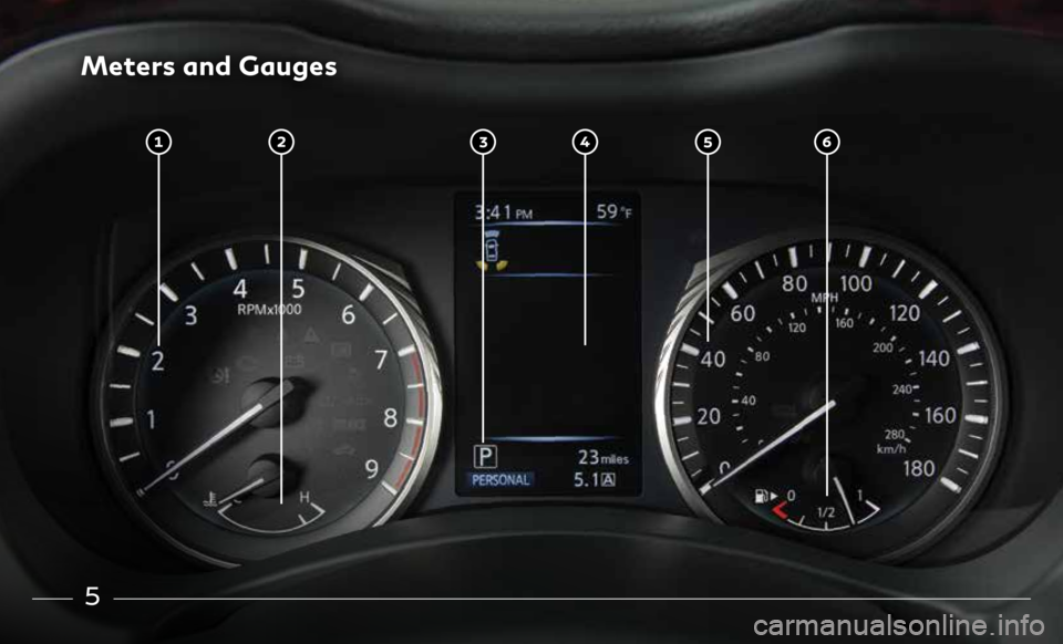 INFINITI Q60 COUPE 2020 Quick Reference Guide 5
Meters and Gauges INFINITI Q60 COUPE 2020 Quick Reference Guide 5
Meters and Gauges
