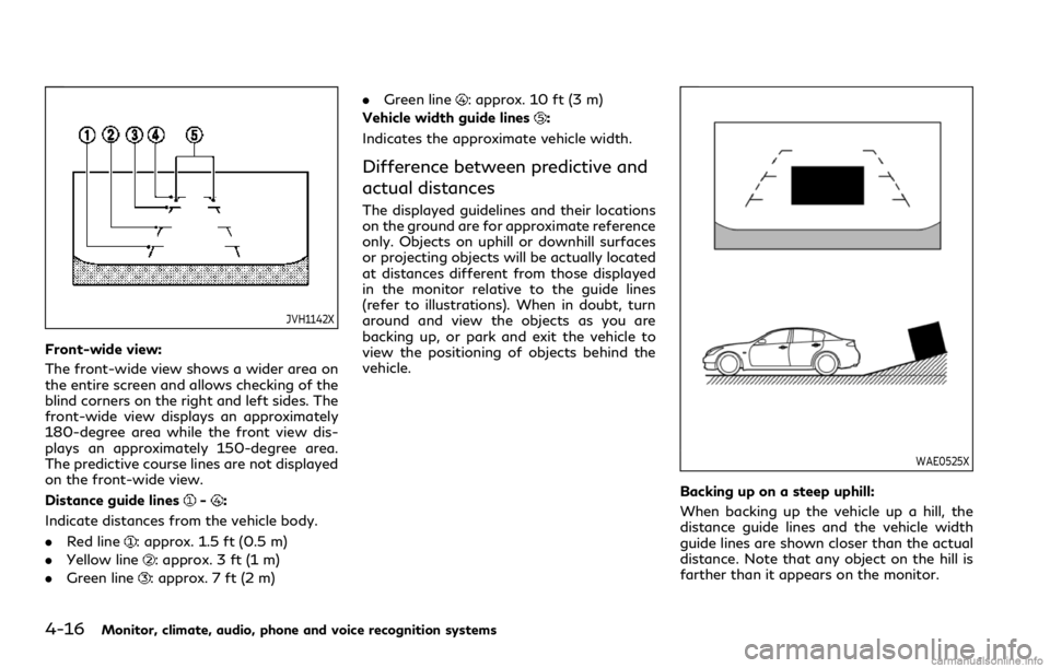 INFINITI Q60 COUPE 2021 Owners Manual 4-16Monitor, climate, audio, phone and voice recognition systems
JVH1142X
Front-wide view:
The front-wide view shows a wider area on
the entire screen and allows checking of the
blind corners on the r INFINITI Q60 COUPE 2021 Owners Manual 4-16Monitor, climate, audio, phone and voice recognition systems
JVH1142X
Front-wide view:
The front-wide view shows a wider area on
the entire screen and allows checking of the
blind corners on the r