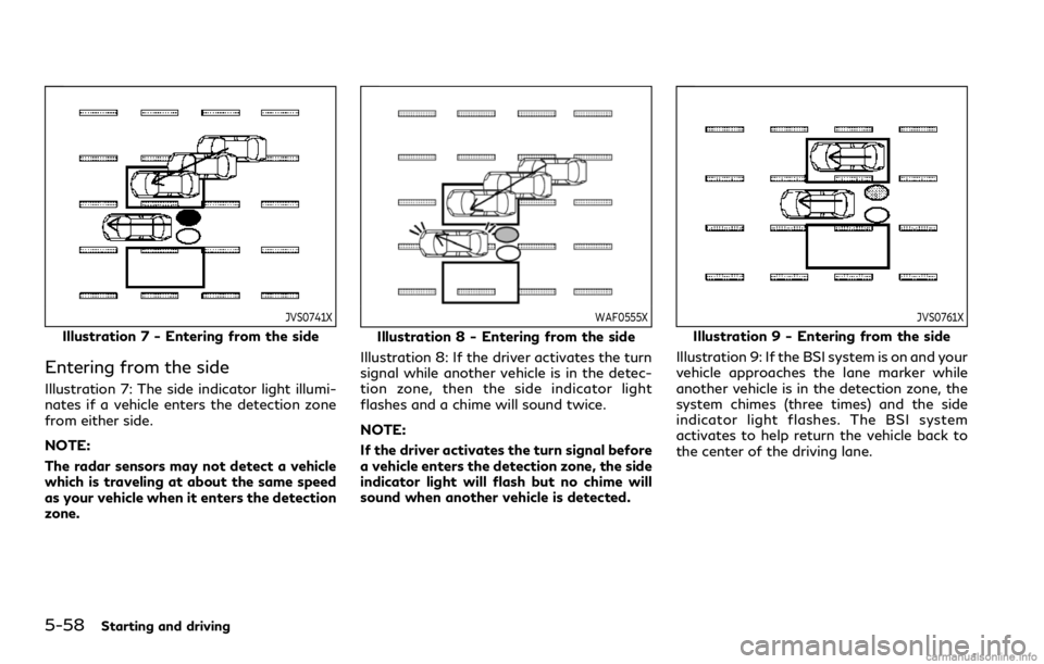 INFINITI Q60 COUPE 2021 Service Manual 5-58Starting and driving
JVS0741X
Illustration 7 - Entering from the side
Entering from the side
Illustration 7: The side indicator light illumi-
nates if a vehicle enters the detection zone
from eith INFINITI Q60 COUPE 2021 Service Manual 5-58Starting and driving
JVS0741X
Illustration 7 - Entering from the side
Entering from the side
Illustration 7: The side indicator light illumi-
nates if a vehicle enters the detection zone
from eith