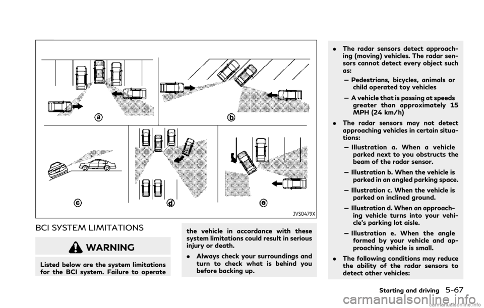 INFINITI Q60 COUPE 2021 Owners Manual JVS0479X
BCI SYSTEM LIMITATIONS
WARNING
Listed below are the system limitations
for the BCI system. Failure to operatethe vehicle in accordance with these
system limitations could result in serious
in INFINITI Q60 COUPE 2021 Owners Manual JVS0479X
BCI SYSTEM LIMITATIONS
WARNING
Listed below are the system limitations
for the BCI system. Failure to operatethe vehicle in accordance with these
system limitations could result in serious
in