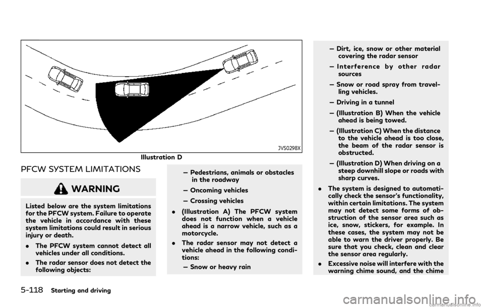 INFINITI Q60 COUPE 2021 Manual PDF 5-118Starting and driving
JVS0298X
Illustration D
PFCW SYSTEM LIMITATIONS
WARNING
Listed below are the system limitations
for the PFCW system. Failure to operate
the vehicle in accordance with these
s INFINITI Q60 COUPE 2021 Manual PDF 5-118Starting and driving
JVS0298X
Illustration D
PFCW SYSTEM LIMITATIONS
WARNING
Listed below are the system limitations
for the PFCW system. Failure to operate
the vehicle in accordance with these
s