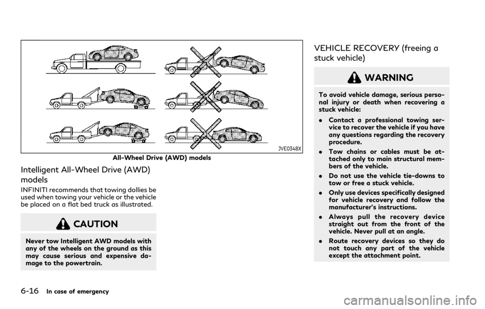 INFINITI Q60 COUPE 2021 Owners Manual 6-16In case of emergency
JVE0348X
All-Wheel Drive (AWD) models
Intelligent All-Wheel Drive (AWD)
models
INFINITI recommends that towing dollies be
used when towing your vehicle or the vehicle
be place INFINITI Q60 COUPE 2021 Owners Manual 6-16In case of emergency
JVE0348X
All-Wheel Drive (AWD) models
Intelligent All-Wheel Drive (AWD)
models
INFINITI recommends that towing dollies be
used when towing your vehicle or the vehicle
be place