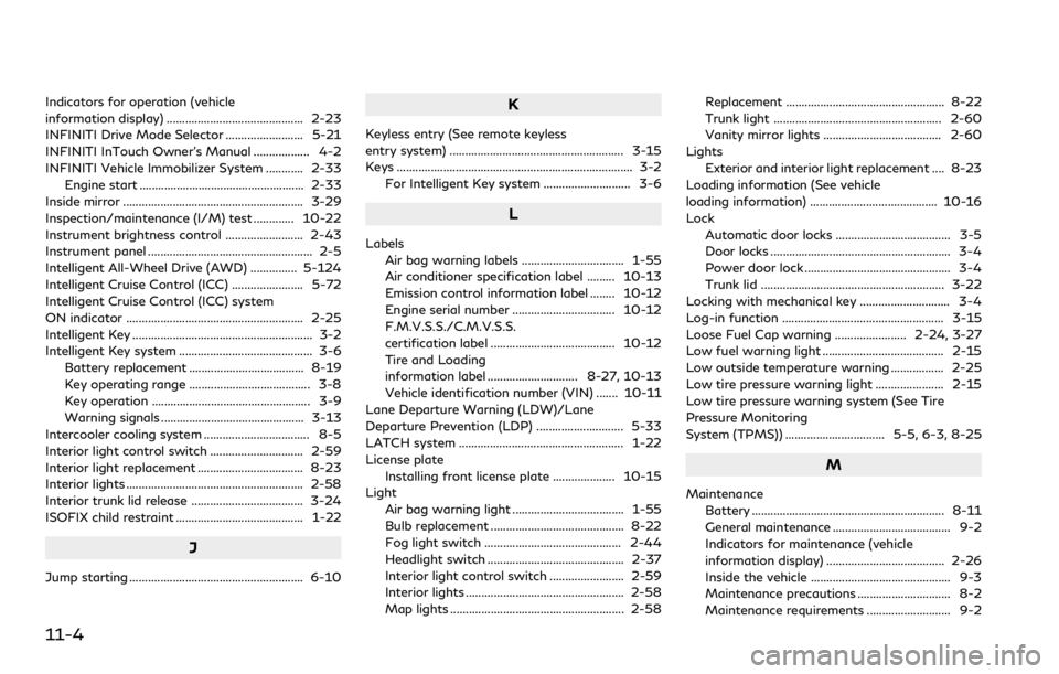 INFINITI Q60 COUPE 2021 User Guide 11-4
Indicators for operation (vehicle
information display) ............................................ 2-23
INFINITI Drive Mode Selector ......................... 5-21
INFINITI InTouch Owner’s Man