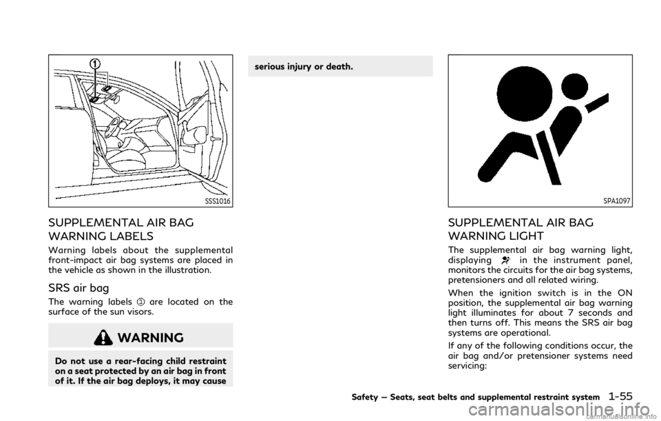 INFINITI Q60 COUPE 2021 Owners Manual SSS1016
SUPPLEMENTAL AIR BAG
WARNING LABELS
Warning labels about the supplemental
front-impact air bag systems are placed in
the vehicle as shown in the illustration.
SRS air bag
The warning labelsare INFINITI Q60 COUPE 2021 Owners Manual SSS1016
SUPPLEMENTAL AIR BAG
WARNING LABELS
Warning labels about the supplemental
front-impact air bag systems are placed in
the vehicle as shown in the illustration.
SRS air bag
The warning labelsare