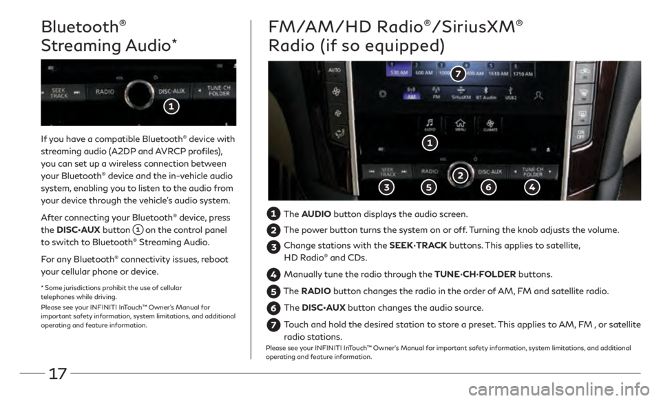 INFINITI Q60 COUPE 2021  Quick Reference Guide 17
Bluetooth®  
Streaming Audio
*
If you have a compatible Bluetooth® device with 
streaming audio (A2DP and AVRCP profiles), 
you can set up a wireless connection between 
your Bluetooth
® device 