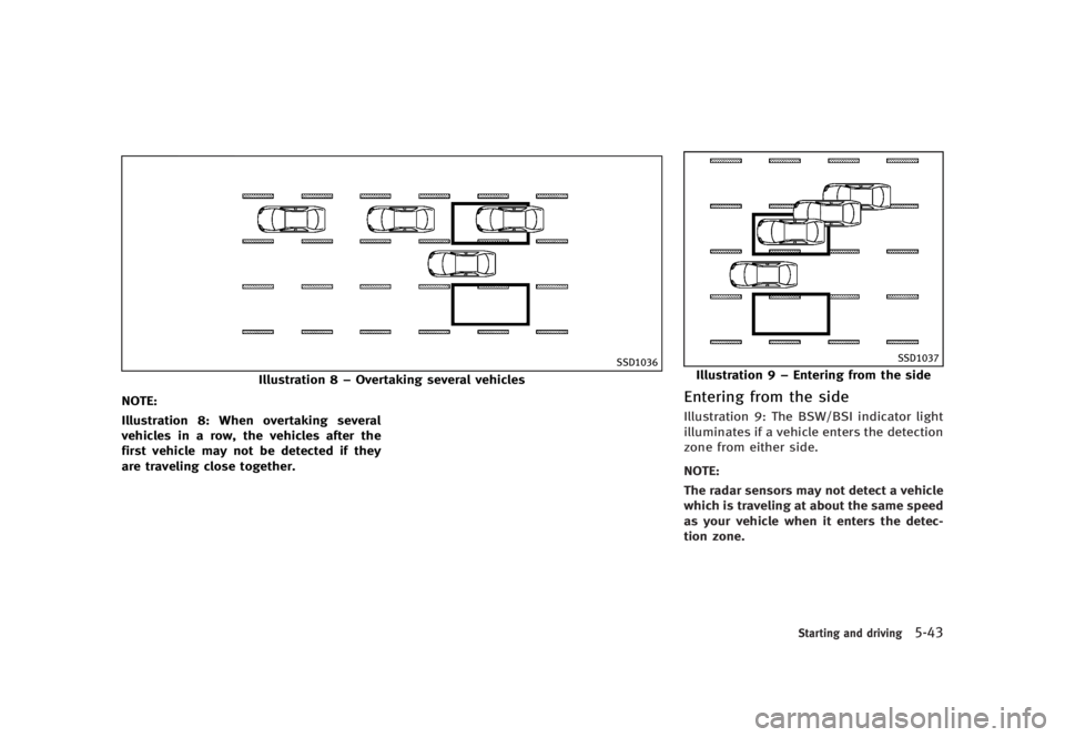 INFINITI Q70 2014  Owners Manual Black plate (345,1)
[ Edit: 2013/ 10/ 21 Model: Y51-D ]
SSD1036
Illustration 8–Overtaking several vehicles
NOTE:
Illustration 8: When overtaking several
vehicles in a row, the vehicles after the
fir