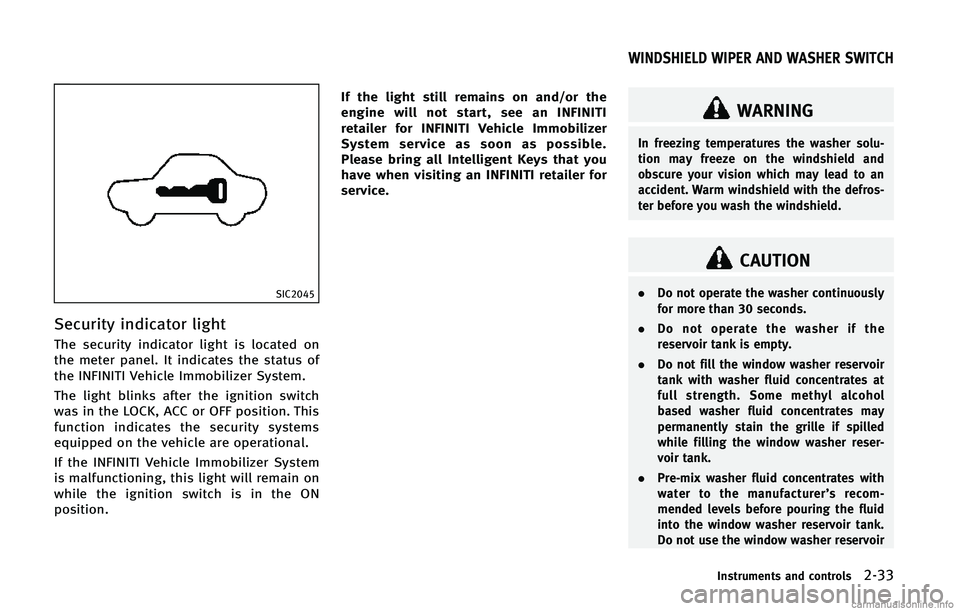 INFINITI Q70 2015  Owners Manual �4�*�$����
�4�F�D�V�S�J�U�Z �J�O�E�J�D�B�U�P�S �M�J�H�I�U
�5�I�F �T�F�D�V�S�J�U�Z �J�O�E�J�D�B�U�P�S �M�J�H�I�U �J�T �M�P�D�B�U�F�E �P�O
�U�I�F �N�F�U�F�S �Q�B�O�F�M� �*�U �J�O�E�J�D�B�U�F�T �U�I