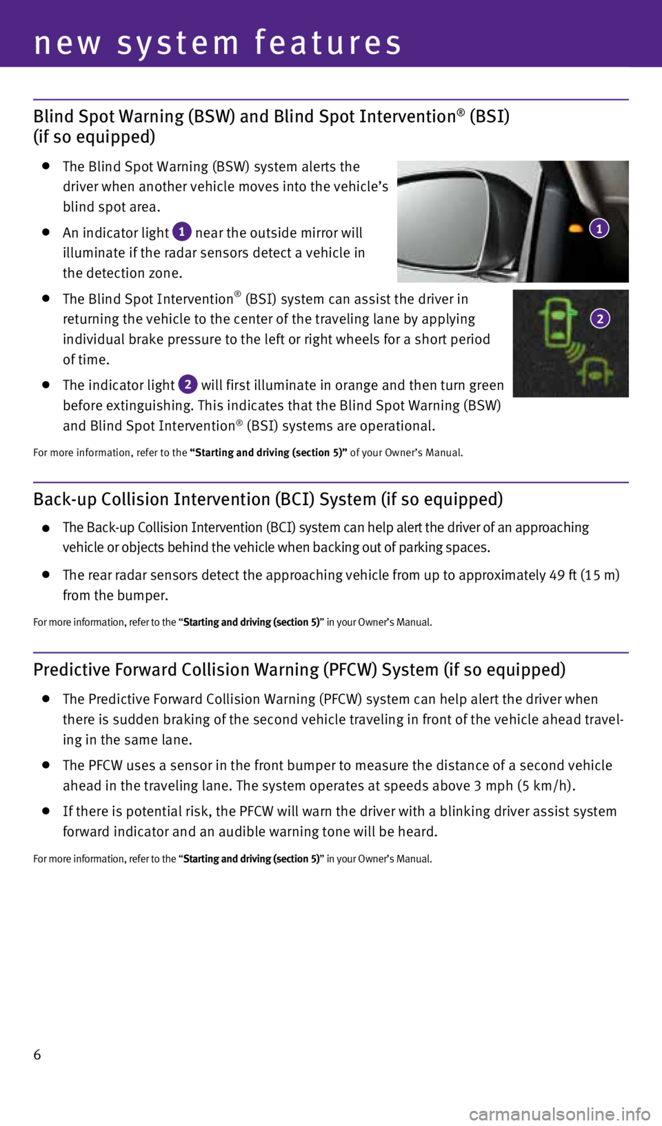 INFINITI Q70 2015  Quick Reference Guide 6
Back-up Collision Intervention (BCI) System (if so equipped)
    The Back-up Collision Intervention (BCI) system can help alert the dri\
ver of an approaching 
vehicle or objects behind the vehicle 