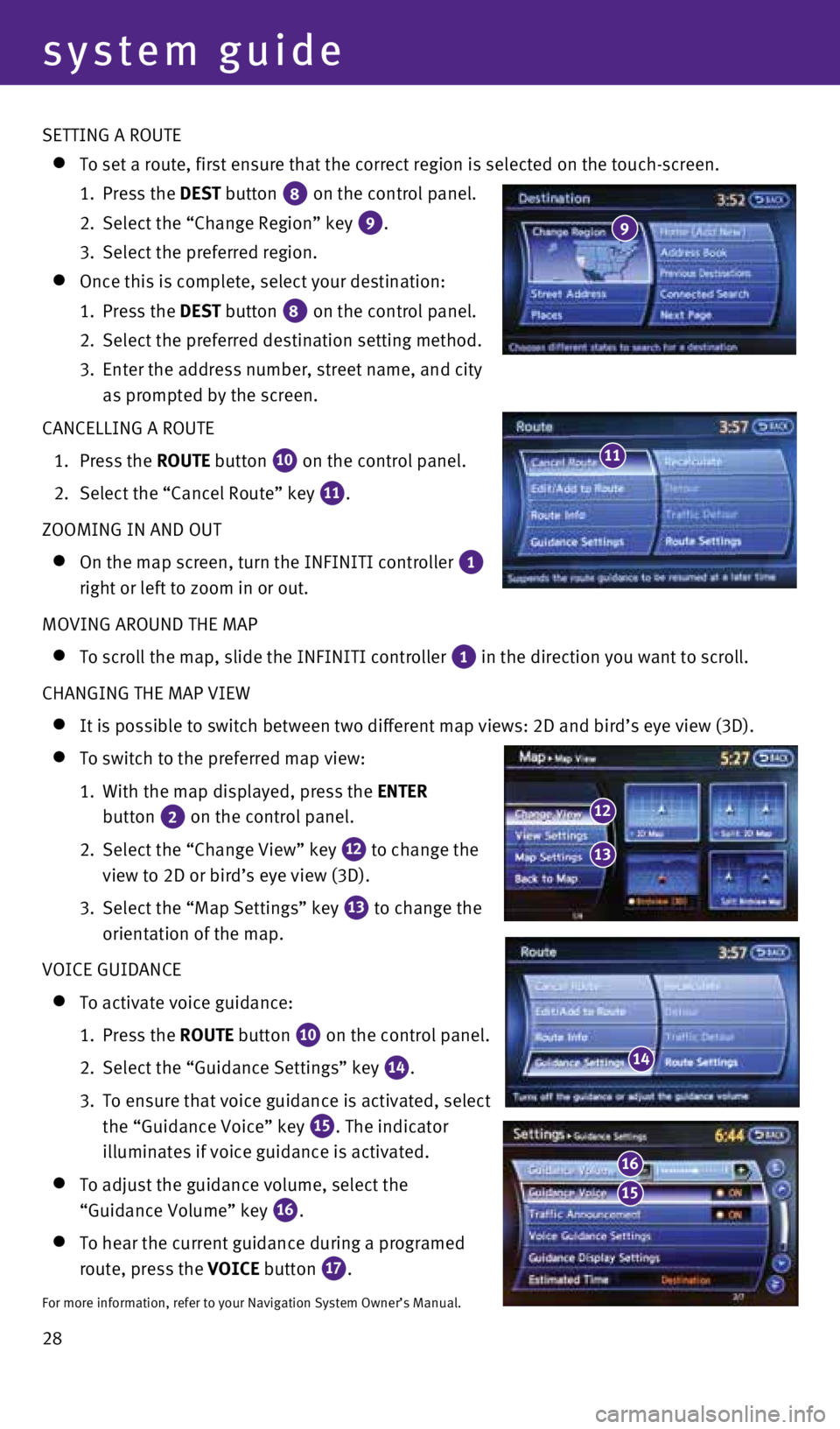 INFINITI Q70 2016 Quick Reference Guide 28
system guide
SETTING A ROUTE
To set a route, first ensure that the correct region is selected on the \
touch-screen.
1. Press the DEST button
8 on the control panel.
2. Select the INFINITI Q70 2016 Quick Reference Guide 28
system guide
SETTING A ROUTE
To set a route, first ensure that the correct region is selected on the \
touch-screen.
1. Press the DEST button
8 on the control panel.
2. Select the