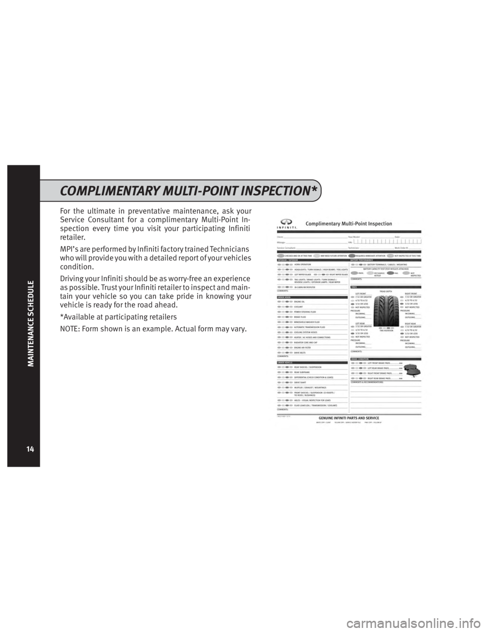 INFINITI QX70 2016  Service And Maintenance Guide For the ultimate in preventative maintenance, ask your
Service Consultant for a complimentary Multi-Point In-
spection every timeyou visit your participating Infiniti
retailer.
MPI’s are performed b