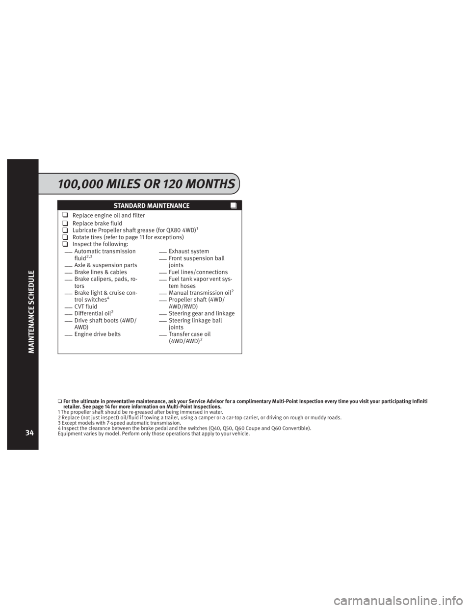 INFINITI QX60 2016  Service And Maintenance Guide STANDARD MAINTENANCE
❑Replace engine oil and filter
❑Replace brake fluid❑Lubricate Propeller shaft grease (for QX80 4WD)1
❑Rotate tires (refer to page 11 for exceptions)❑Inspect the followin