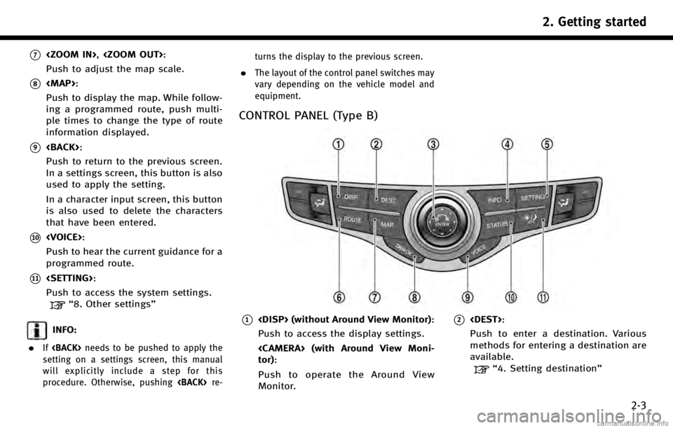 INFINITI QX80 2017 Navigation Manual *7<ZOOM IN>,<ZOOM OUT>:
Push to adjust the map scale.
*8<MAP>:
Push to display the map. While follow-
ing a programmed route, push multi-
ple times to change the type of route
information displayed.
* INFINITI QX80 2017 Navigation Manual *7<ZOOM IN>,<ZOOM OUT>:
Push to adjust the map scale.
*8<MAP>:
Push to display the map. While follow-
ing a programmed route, push multi-
ple times to change the type of route
information displayed.
*