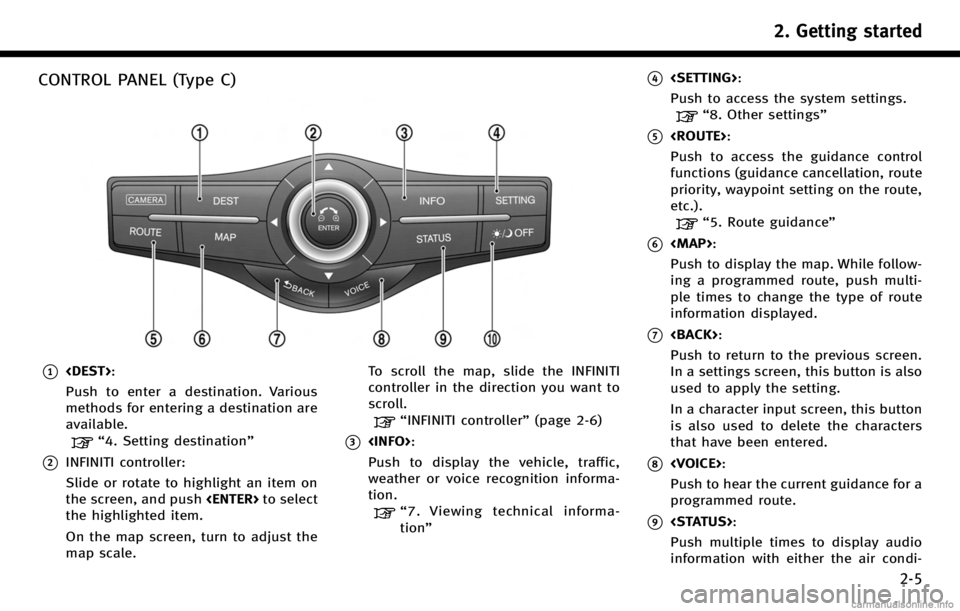 INFINITI QX80 2017 Navigation Manual CONTROL PANEL (Type C)
*1<DEST>:
Push to enter a destination. Various
methods for entering a destination are
available.
“4. Setting destination”
*2INFINITI controller:
Slide or rotate to highlight INFINITI QX80 2017 Navigation Manual CONTROL PANEL (Type C)
*1<DEST>:
Push to enter a destination. Various
methods for entering a destination are
available.
“4. Setting destination”
*2INFINITI controller:
Slide or rotate to highlight