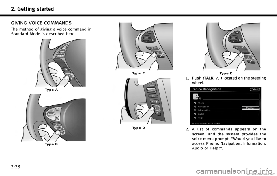 INFINITI QX50 2017  Navigation Manual 2. Getting started
2-28
GIVING VOICE COMMANDS
The method of giving a voice command in
Standard Mode is described here.
Type A
Type B
Type C
Type D
Type E
1. Push<TALK>located on the steering
wheel.
2.