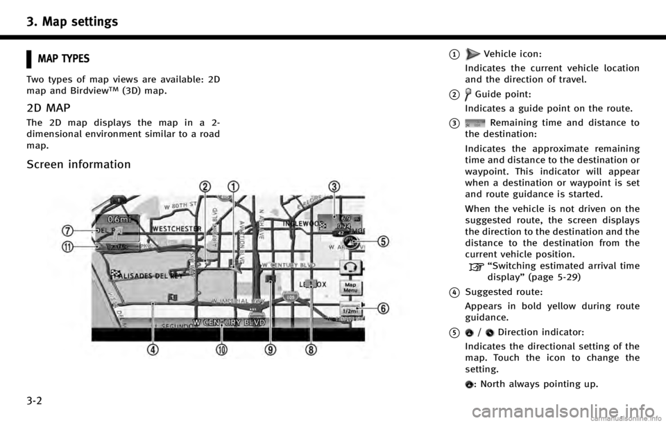 INFINITI QX70 2017 Navigation Manual 3. Map settings
3-2
MAP TYPES
Two types of map views are available: 2D
map and BirdviewTM(3D) map.
2D MAP
The 2D map displays the map in a 2-
dimensional environment similar to a road
map.
Screen info INFINITI QX70 2017 Navigation Manual 3. Map settings
3-2
MAP TYPES
Two types of map views are available: 2D
map and BirdviewTM(3D) map.
2D MAP
The 2D map displays the map in a 2-
dimensional environment similar to a road
map.
Screen info
