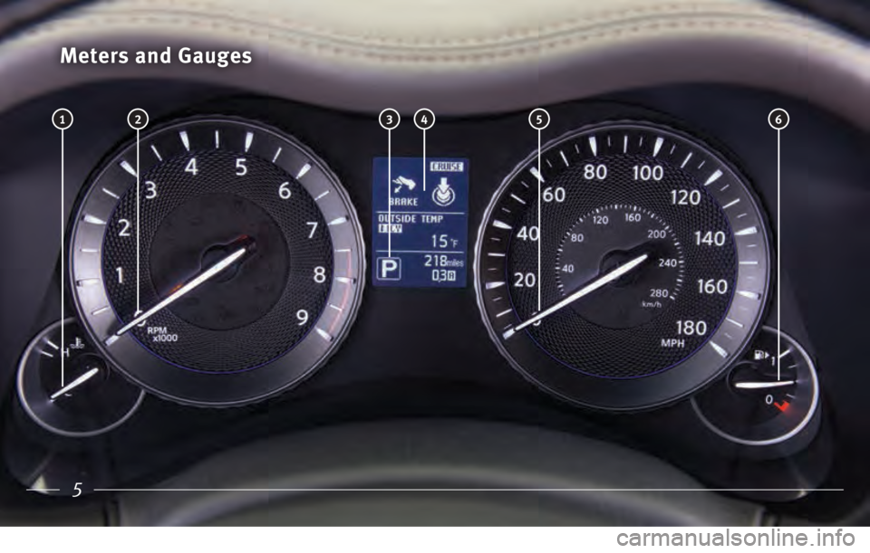 INFINITI Q70 2017 Quick Reference Guide 5
Meters and Gauges
1 2 3 6 5 4
2586986_17a_Q70_US_pQRG_090916.indd 59/9/16 4:04 PM INFINITI Q70 2017 Quick Reference Guide 5
Meters and Gauges
1 2 3 6 5 4
2586986_17a_Q70_US_pQRG_090916.indd 59/9/16 4:04 PM