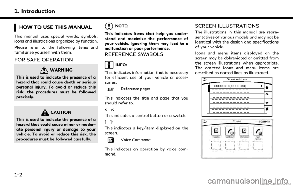 INFINITI QX30 2018  Infiniti Connection 1. Introduction
HOW TO USE THIS MANUAL
This manual uses special words, symbols,
icons and illustrations organized by function.
Please refer to the following items and
familiarize yourself with them.
F