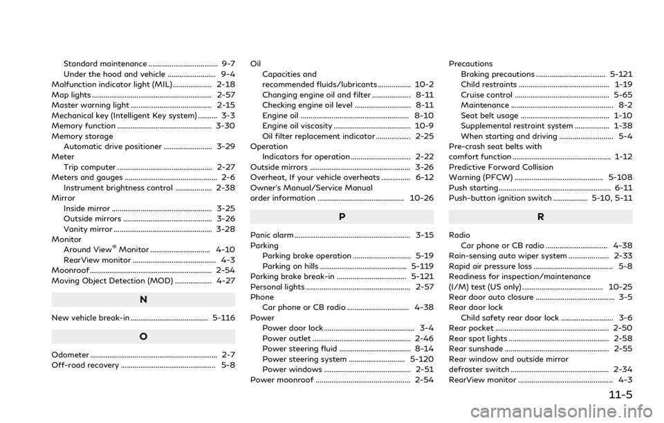 INFINITI Q70 2019 Repair Manual Standard maintenance .................................... 9-7
Under the hood and vehicle ......................... 9-4
Malfunction indicator light (MIL) .................... 2-18
Map lights .......... INFINITI Q70 2019 Repair Manual Standard maintenance .................................... 9-7
Under the hood and vehicle ......................... 9-4
Malfunction indicator light (MIL) .................... 2-18
Map lights ..........