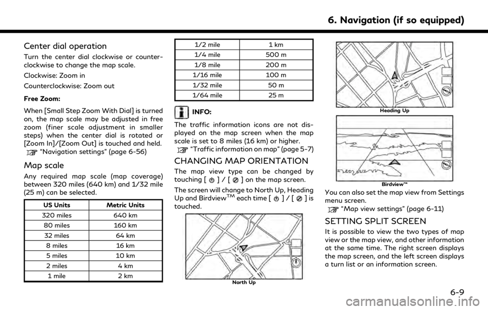 INFINITI QX30 2019  Infiniti Connection Center dial operation
Turn the center dial clockwise or counter-
clockwise to change the map scale.
Clockwise: Zoom in
Counterclockwise: Zoom out
Free Zoom:
When [Small Step Zoom With Dial] is turned
