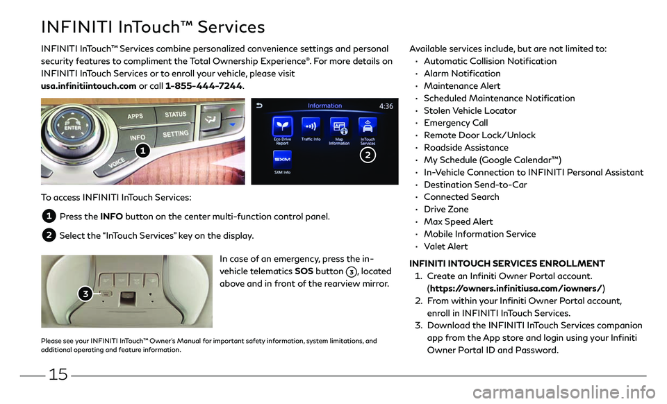 INFINITI Q70 2019  Quick Reference Guide 15
INFINITI InTouch™ Services
INFINITI InTouch ™  Services combine personalized convenience settings and personal 
security features to compliment the Total Ownership Experience®. For more detail