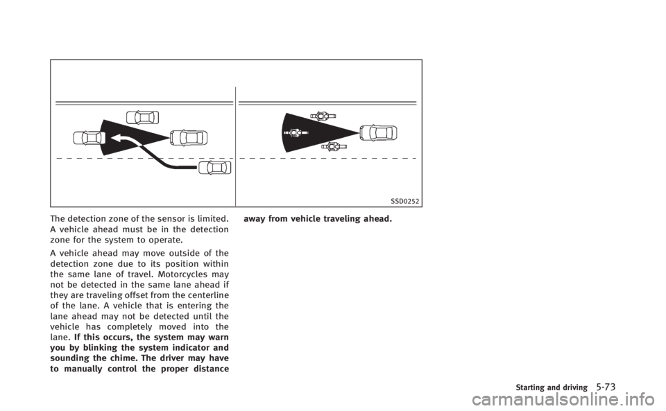 INFINITI Q70 HYBRID 2014 Owners Manual SSD0252
The detection zone of the sensor is limited.
A vehicle ahead must be in the detection
zone for the system to operate.
A vehicle ahead may move outside of the
detection zone due to its position INFINITI Q70 HYBRID 2014 Owners Manual SSD0252
The detection zone of the sensor is limited.
A vehicle ahead must be in the detection
zone for the system to operate.
A vehicle ahead may move outside of the
detection zone due to its position