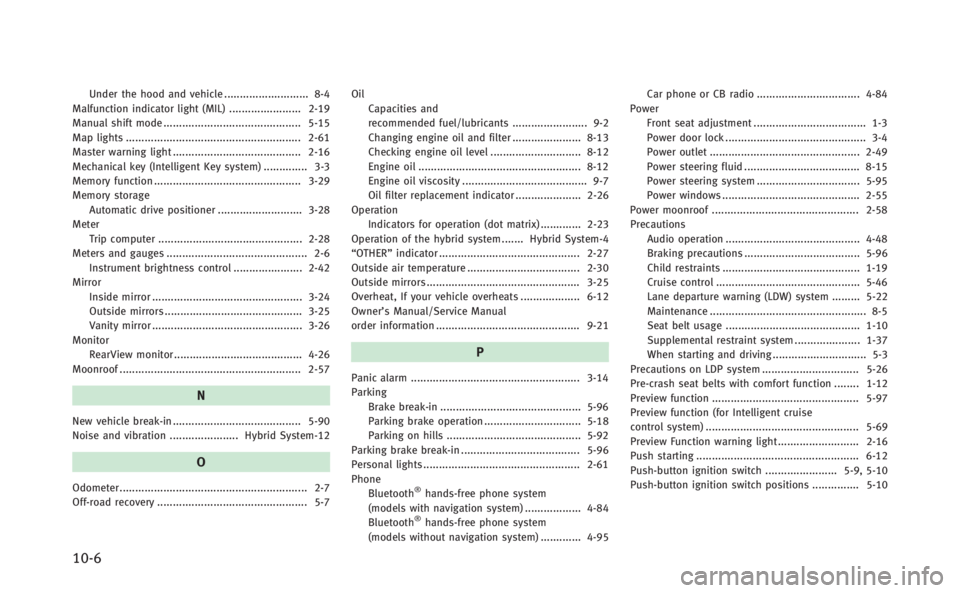 INFINITI Q70 HYBRID 2014  Owners Manual 10-6
Under the hood and vehicle ........................... 8-4
Malfunction indicator light (MIL) ....................... 2-19
Manual shift mode ............................................ 5-15
Map l
