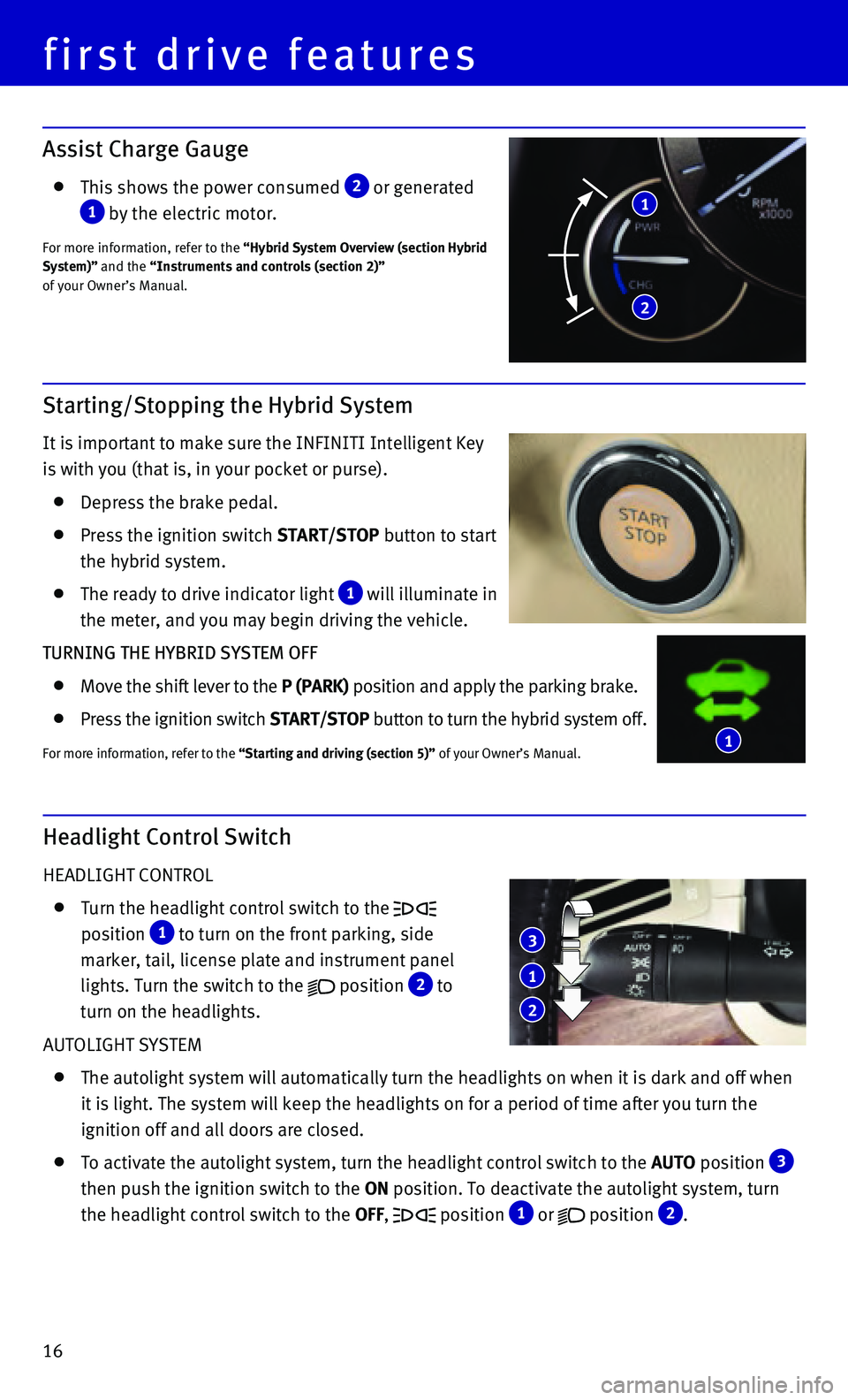 INFINITI Q70 HYBRID 2015  Quick Reference Guide 16
first drive features
Assist Charge Gauge
   This shows the power consumed 2  or generated 
1  by the electric motor.
For more information, refer to the “Hybrid System Overview (section Hybrid 
Sy