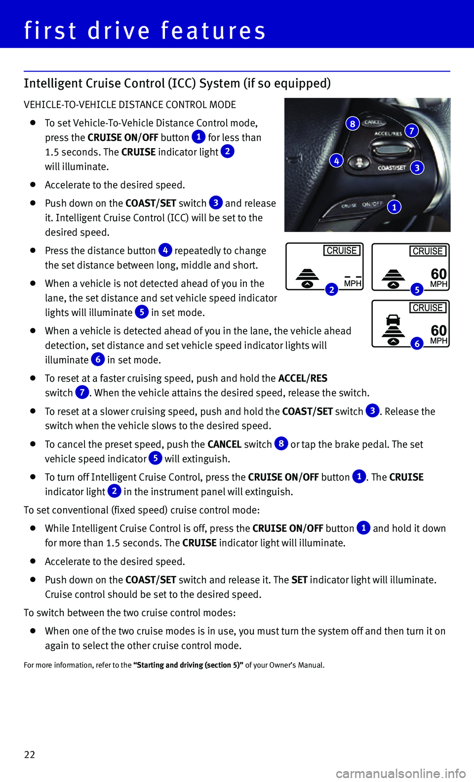 INFINITI Q70 HYBRID 2015 Quick Reference Guide 22
Intelligent Cruise Control (ICC) System (if so equipped)
VEHICLE-TO-VEHICLE DISTANCE CONTROL MODE
To set Vehicle-To-Vehicle Distance Control mode,
press the CRUISE ON/OFF button
1 for less INFINITI Q70 HYBRID 2015 Quick Reference Guide 22
Intelligent Cruise Control (ICC) System (if so equipped)
VEHICLE-TO-VEHICLE DISTANCE CONTROL MODE
To set Vehicle-To-Vehicle Distance Control mode,
press the CRUISE ON/OFF button
1 for less