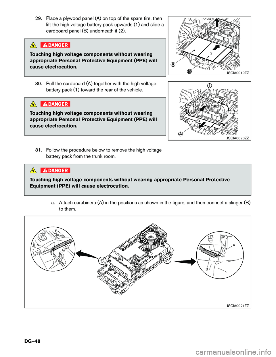 INFINITI Q70 HYBRID 2015  Dismantling Guide 29. Place a plywood panel (A) on top of the spare tire, thenlift the high voltage battery pack upwards (1) and slide a 
cardboard panel (B) underneath it (2) .
DANGER
Touching high voltage components 