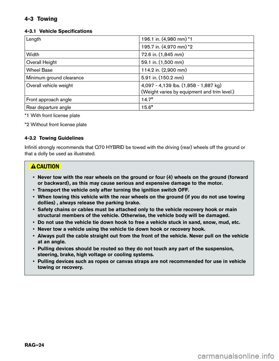 INFINITI Q70 HYBRID 2015  Roadside Assistance Guide 4-3 Towing 
4-3.1 Vehicle Specifications
Length196.1 in. (4,980 mm) *1 
195.7 in. (4,970 mm) *2
Width 72.6 in. (1,845 mm)
Overall Height 59.1 in. (1,500 mm)
Wheel Base 114.2 in. (2,900 mm)
Minimum gro