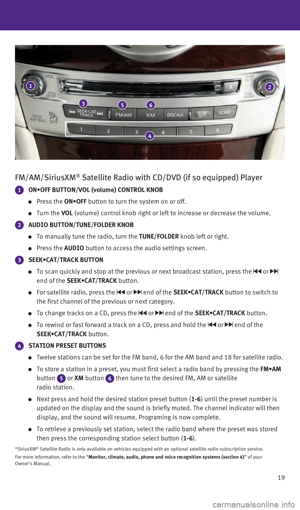 INFINITI Q70 HYBRID 2016 Quick Reference Guide 19
FM/AM/SiriusXM® Satellite Radio with CD/DVD (if so equipped) Player
1 ON•OFF BUTTON/VOL (volume) CONTROL KNOB
Press the ON•OFF button to turn the system on or off.
Turn the V INFINITI Q70 HYBRID 2016 Quick Reference Guide 19
FM/AM/SiriusXM® Satellite Radio with CD/DVD (if so equipped) Player
1 ON•OFF BUTTON/VOL (volume) CONTROL KNOB
Press the ON•OFF button to turn the system on or off.
Turn the V