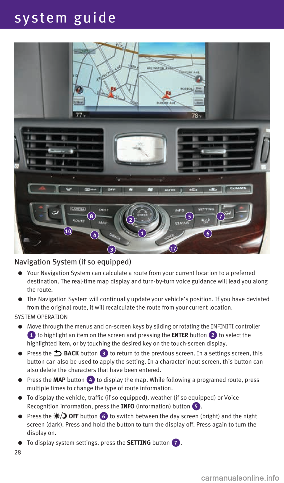 INFINITI Q70 HYBRID 2016 Quick Reference Guide 28
1
2
3
4
8
17
10
7
6
5
Navigation System (if so equipped)
Your Navigation System can calculate a route from your current location \
to a preferred
destination. The real-time map display and tur INFINITI Q70 HYBRID 2016 Quick Reference Guide 28
1
2
3
4
8
17
10
7
6
5
Navigation System (if so equipped)
Your Navigation System can calculate a route from your current location \
to a preferred
destination. The real-time map display and tur