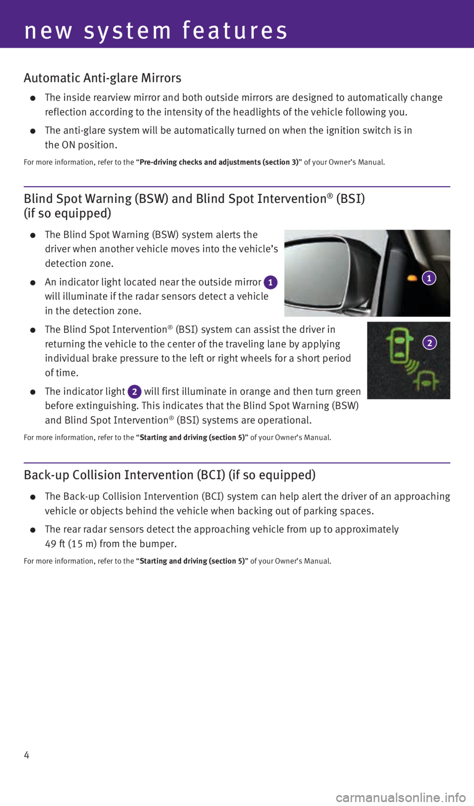 INFINITI Q70 HYBRID 2016  Quick Reference Guide 4
new system features
Blind Spot Warning (BSW) and Blind Spot Intervention® (BSI)  
(if so equipped)
     The Blind Spot Warning (BSW) system alerts the 
driver when another vehicle moves into the ve