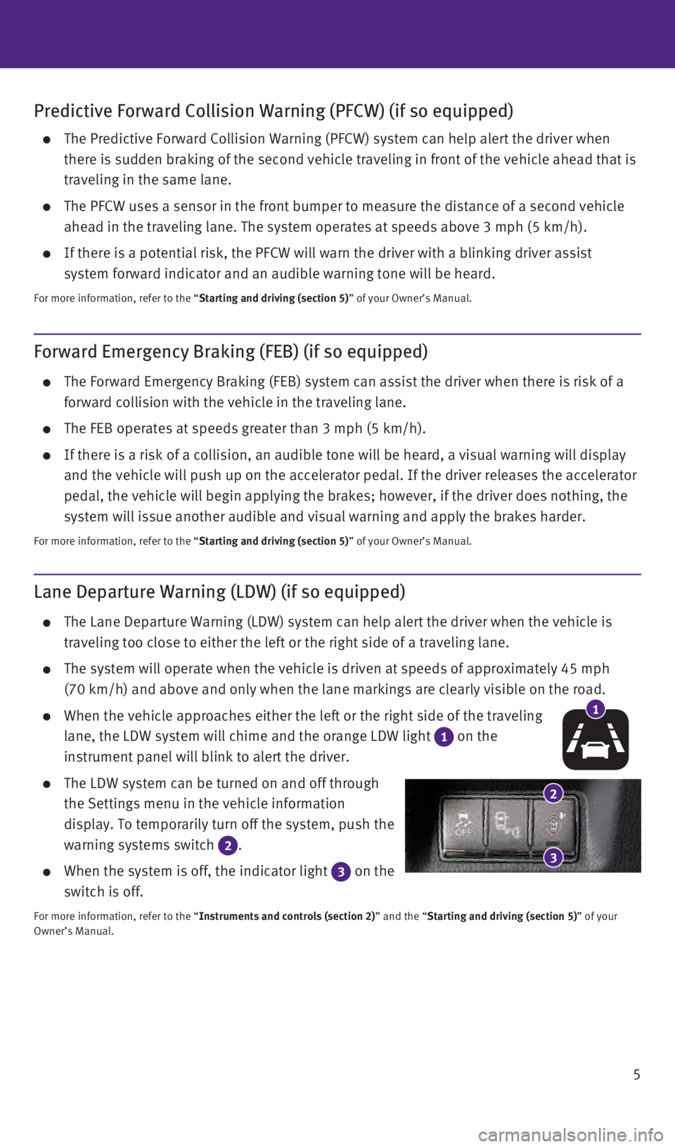 INFINITI Q70 HYBRID 2016  Quick Reference Guide 5
Lane Departure Warning (LDW) (if so equipped)
    The Lane Departure Warning (LDW) system can help alert the driver when\
 the vehicle is 
traveling too close to either the left or the right side of