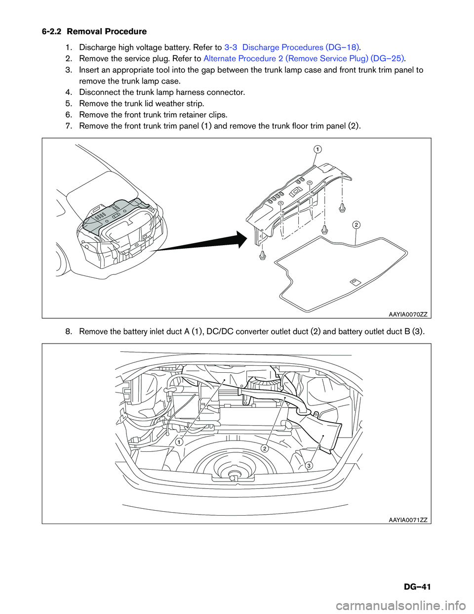 INFINITI Q70 HYBRID 2016  Dismantling Guide 6-2.2 Removal Procedure1. Discharge high voltage battery. Refer to
3-3 Discharge Procedures (DG–18).
2. Remove the service plug. Refer to
Alternate Procedure 2 (Remove Service Plug) (DG–25).
3. In