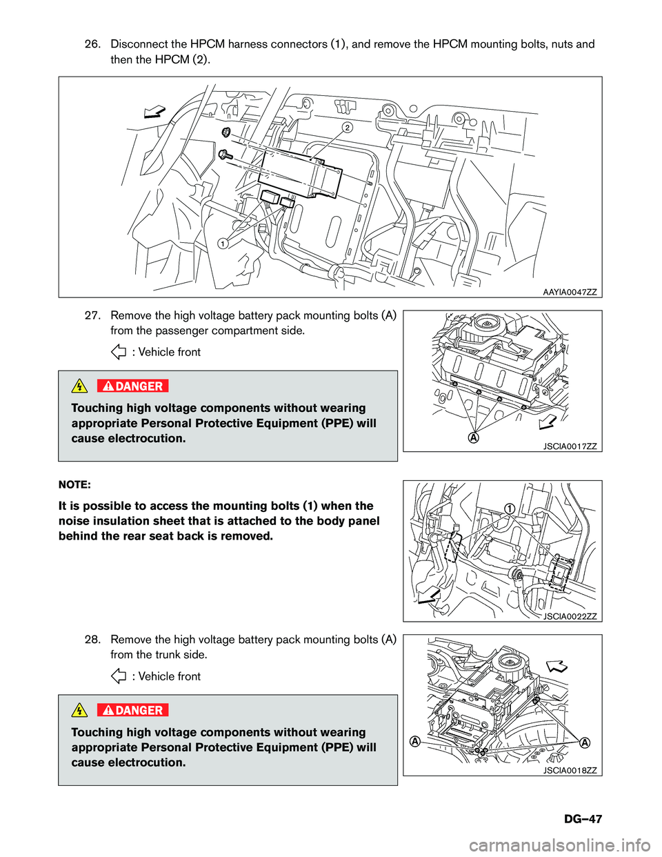 INFINITI Q70 HYBRID 2016  Dismantling Guide 26. Disconnect the HPCM harness connectors (1) , and remove the HPCM mounting bolts, nuts andthen the HPCM (2) .
27. Remove the high voltage battery pack mounting bolts (A) from the passenger compartm