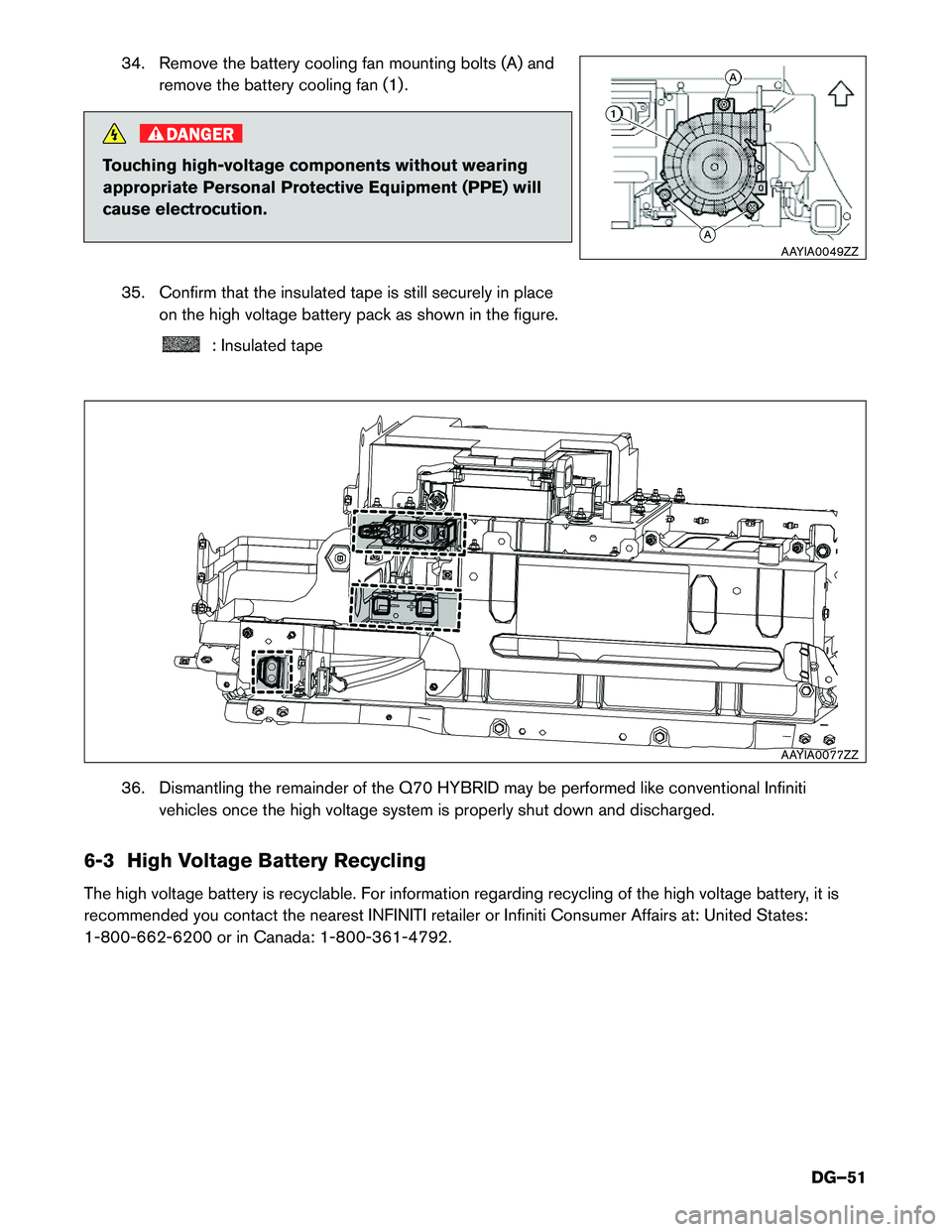 INFINITI Q70 HYBRID 2017 Dismantling Guide 34. Remove the battery cooling fan mounting bolts (A) andremove the battery cooling fan (1) .
DANGER
Touching high-voltage components without wearing
appropriate Personal Protective Equipment (PPE) w INFINITI Q70 HYBRID 2017 Dismantling Guide 34. Remove the battery cooling fan mounting bolts (A) andremove the battery cooling fan (1) .
DANGER
Touching high-voltage components without wearing
appropriate Personal Protective Equipment (PPE) w