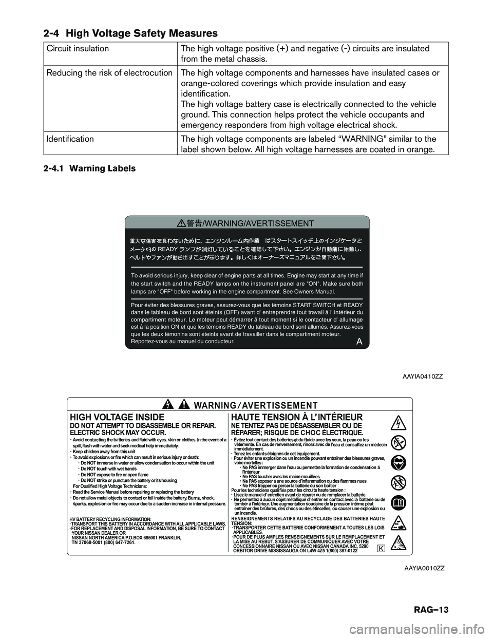 INFINITI Q70 HYBRID 2017 Roadside Assistance Guide 2-4 High Voltage Safety Measures
Circuit insulation The high voltage positive (+) and negative (-) circuits are insulatedfrom the metal chassis.
Reducing the risk of electrocution The high voltage com INFINITI Q70 HYBRID 2017 Roadside Assistance Guide 2-4 High Voltage Safety Measures
Circuit insulation The high voltage positive (+) and negative (-) circuits are insulatedfrom the metal chassis.
Reducing the risk of electrocution The high voltage com