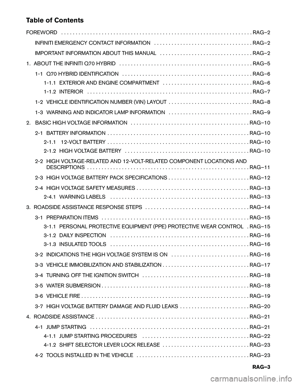 INFINITI Q70 HYBRID 2017 Roadside Assistance Guide Table of Contents
FOREWORD . . . . . . . . . . . . . . . . . . . . . . . . . . . . . . . . . . . . . . . . . . . . . . . . . .. . . . . . . . . . . . . . . . RAG–2
INFINITI EMERGENCY CONTACT INFORM INFINITI Q70 HYBRID 2017 Roadside Assistance Guide Table of Contents
FOREWORD . . . . . . . . . . . . . . . . . . . . . . . . . . . . . . . . . . . . . . . . . . . . . . . . . .. . . . . . . . . . . . . . . . RAG–2
INFINITI EMERGENCY CONTACT INFORM