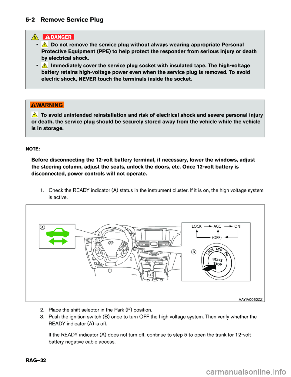 INFINITI Q70 HYBRID 2017 Roadside Assistance Guide 5-2 Remove Service Plug
DANGER
•Do not remove the service plug without always wearing appropriate Personal
Protective Equipment (PPE) to help protect the responder from serious injury or death
by e INFINITI Q70 HYBRID 2017 Roadside Assistance Guide 5-2 Remove Service Plug
DANGER
•Do not remove the service plug without always wearing appropriate Personal
Protective Equipment (PPE) to help protect the responder from serious injury or death
by e