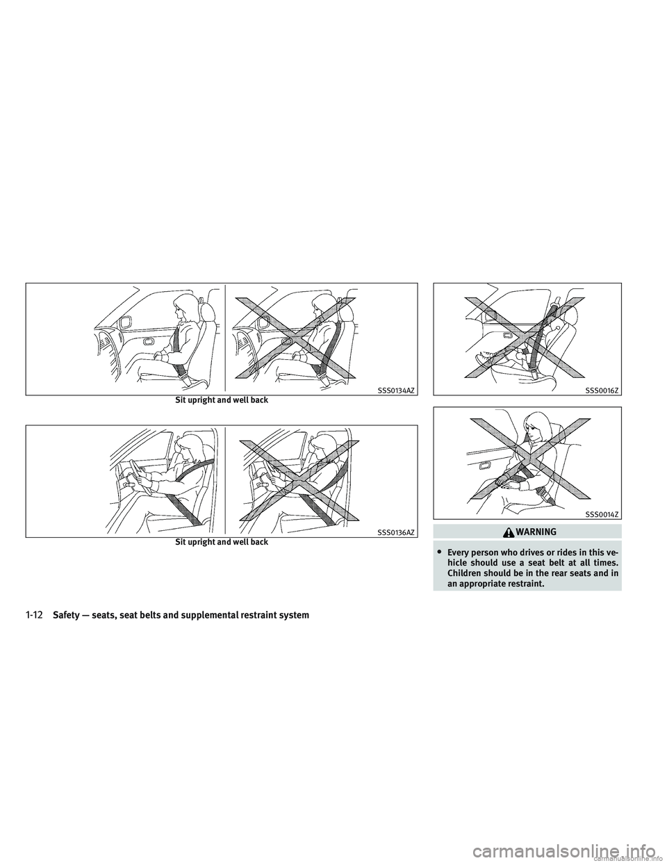 INFINITI QX30 2017  Owners Manual WARNING
•Every person who drives or rides in this ve-
hicle should use a seat belt at all times.
Children should be in the rear seats and in
an appropriate restraint.
SSS0134AZSit upright and well b