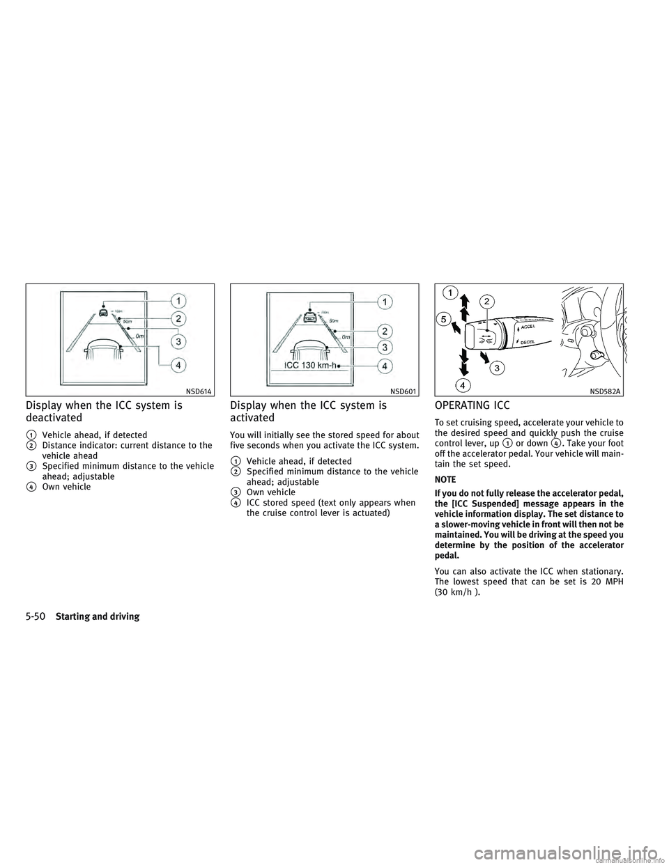 INFINITI QX30 2017  Owners Manual Display when the ICC system is
deactivated
1Vehicle ahead, if detected
2Distance indicator: current distance to the
vehicle ahead
3Specified minimum distance to the vehicle
ahead; adjustable
4Own 
