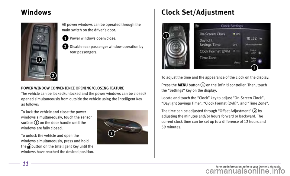 INFINITI QX30 2017 Quick Reference Guide 11
All power windows can be operated through the
main switch on the driver’s door.
1 Power windows open/close.
2 Disable rear passenger window operation by
rear passengers.
POWER WINDOW CONVENI INFINITI QX30 2017 Quick Reference Guide 11
All power windows can be operated through the
main switch on the driver’s door.
1 Power windows open/close.
2 Disable rear passenger window operation by
rear passengers.
POWER WINDOW CONVENI