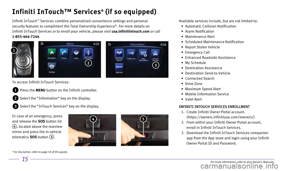 INFINITI QX30 2017 Quick Reference Guide 15
Infiniti InTouch™ Services4 (if so equipped)
Infiniti InTouch ™ Services combine personalized convenience settings and personal
security features to compliment the Total Ownership Experience® INFINITI QX30 2017 Quick Reference Guide 15
Infiniti InTouch™ Services4 (if so equipped)
Infiniti InTouch ™ Services combine personalized convenience settings and personal
security features to compliment the Total Ownership Experience®