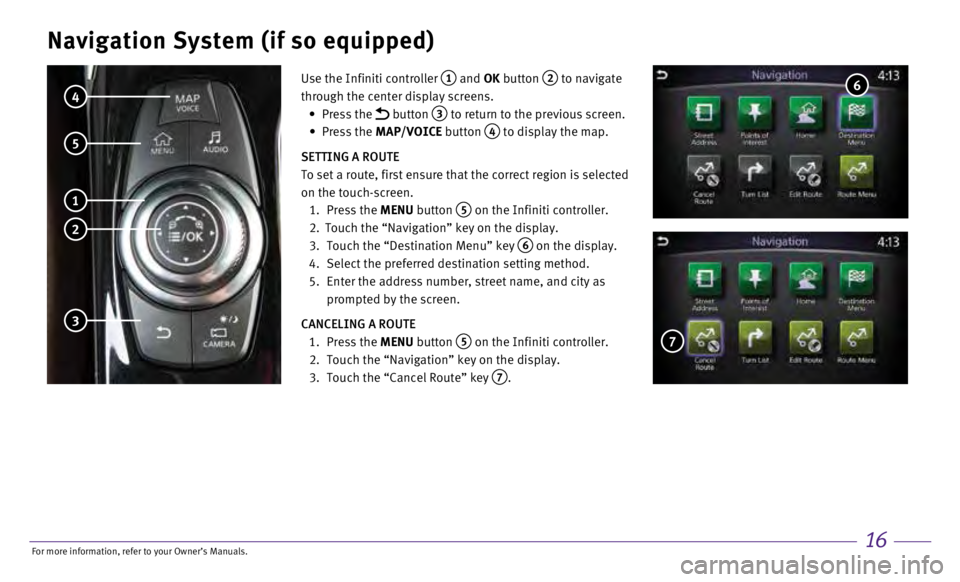 INFINITI QX30 2017 Quick Reference Guide 16
Navigation System (if so equipped)
Use the Infiniti controller 1 and OK button 2 to navigate
through the center display screens.
•
Press the
button 3 to return to the previous scree INFINITI QX30 2017 Quick Reference Guide 16
Navigation System (if so equipped)
Use the Infiniti controller 1 and OK button 2 to navigate
through the center display screens.
•
Press the
button 3 to return to the previous scree
