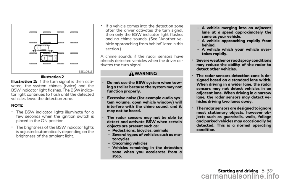 INFINITI QX30 2018  Owners Manual Illustration 2:If the turn signal is then acti-
vated, the system chimes (twice) and the
BSW indicator light flashes. The BSW indica-
tor light continues to flash until the detected
vehicles leave the