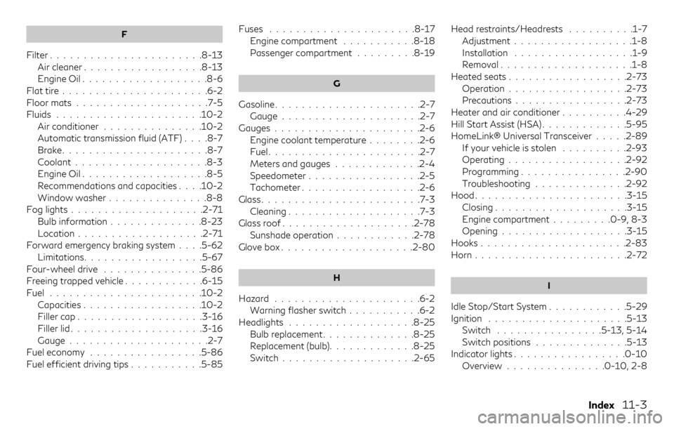 INFINITI QX30 2018  Owners Manual F
Filter.......................8-13
Air cleaner..................8-13
Engine Oil...................8-6
Flat tire......................6-2
Floor mats....................7-5
Fluids......................