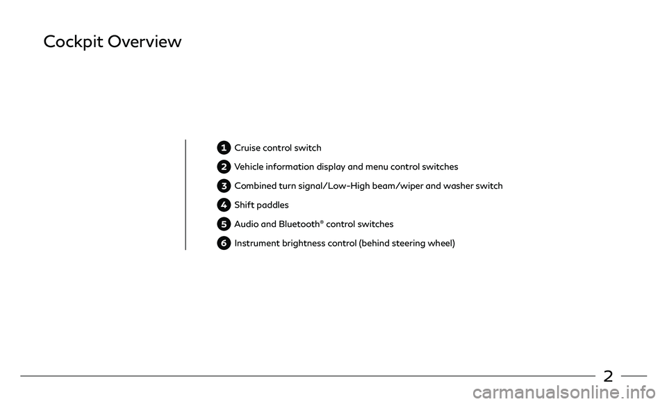 INFINITI QX30 2018  Quick Reference Guide 2
Cockpit Overview
  Cruise control switch
  Vehicle information display and menu control switches
  Combined turn signal/Low-High beam/wiper and washer switch
  Shift paddles
  Audio and Bluetooth® 
